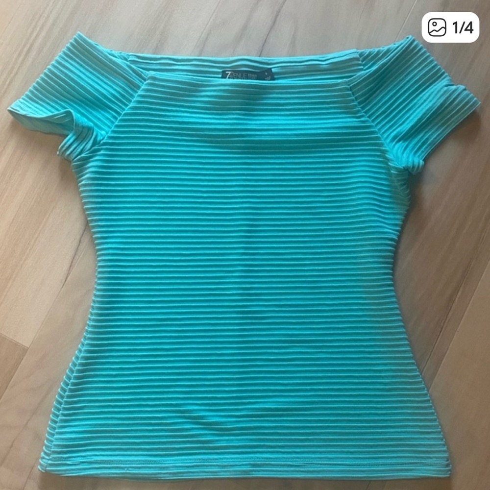 Teal Turquoise New York & Company Off-Shoulder Ribbed Aqua Short Sleeve Top